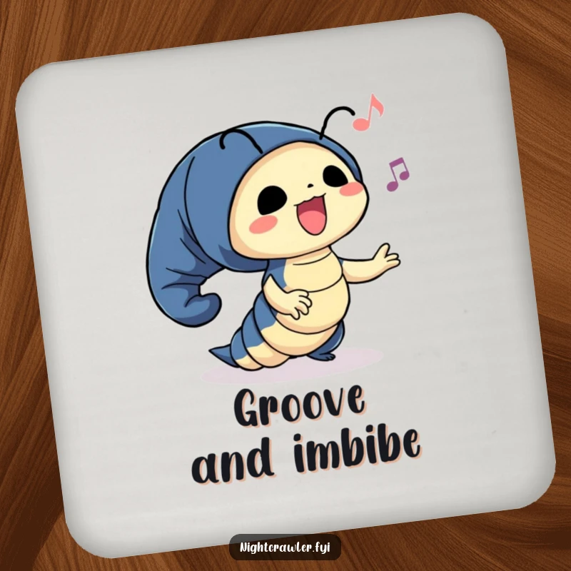 Funny coasters with a cute night crawler character happily swaying to unseen music, adding rhythmic fun.