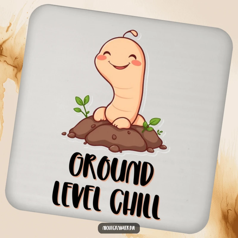 Funny Earthworm Drink Coaster: A happy earthworm character peeks from the soil with a grin, adding humorous garden charm to drink protection.