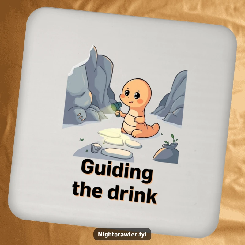 Funny drink coaster with an earthworm holding a flashlight to illuminate a dark path, providing surface protection with a humorous design.