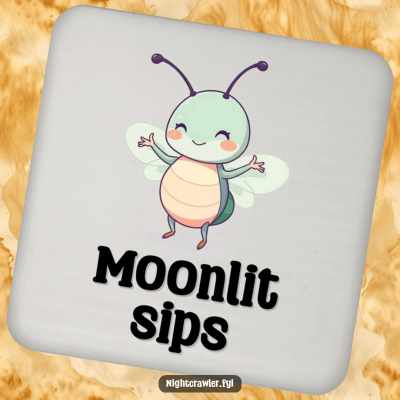 Funny drink coaster with a cute insect character dancing in moonlight with a happy twitch, protecting surfaces with humor.