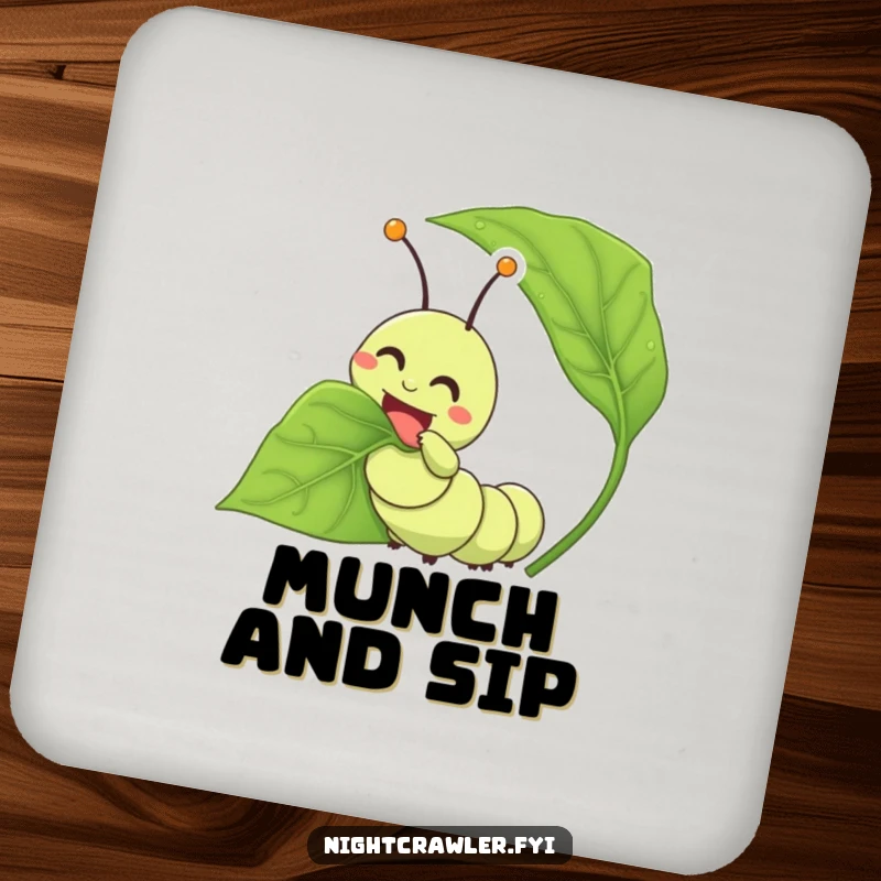 Funny caterpillar drink coasters featuring a happy character joyfully munching on a leaf, adding charm to any table.