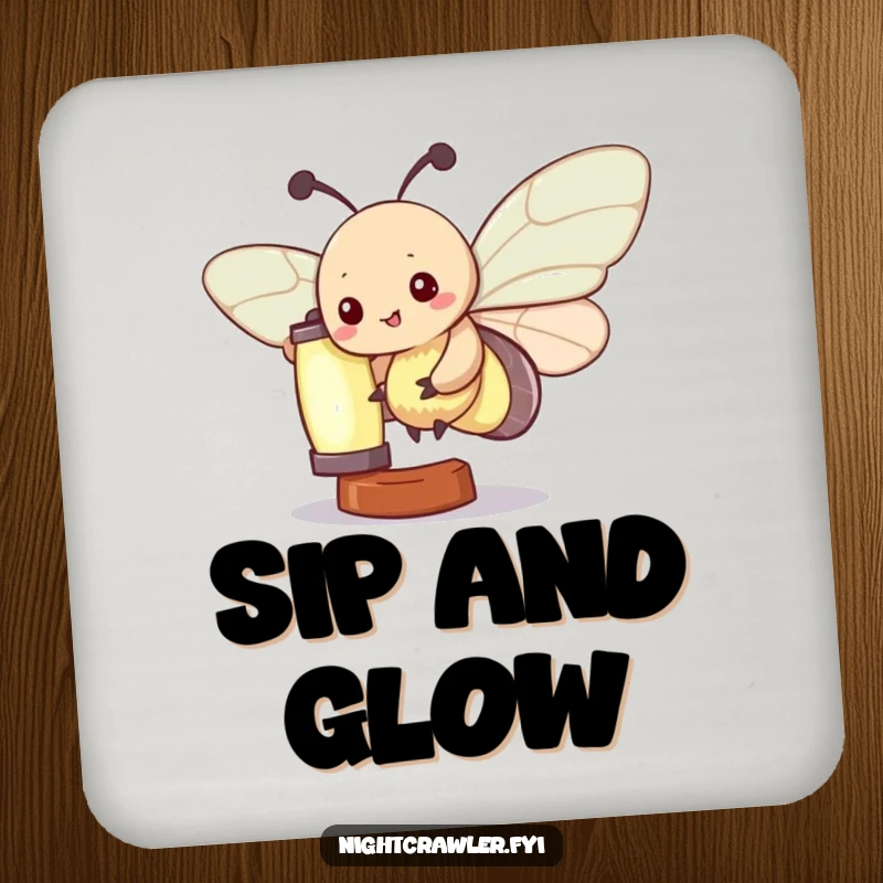 Funny Kawaii Moth Drink Coaster: A cute moth character fluttering around a glowing lantern, a humorous and practical addition to any table.