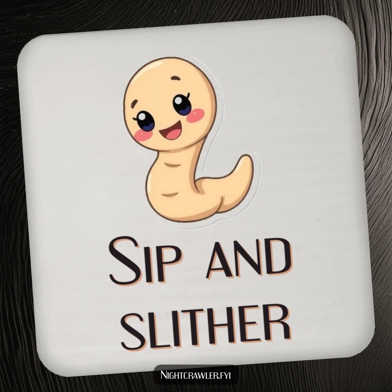 Funny earthworm coaster with a cute, fast earthworm character and a wide, happy smile, ideal for protecting surfaces.