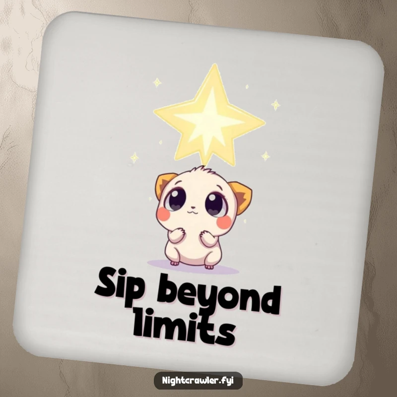 Funny Drink Coaster: Small creature with wide, curious eyes observes a colossal, twinkling star, protecting surfaces with wonder.