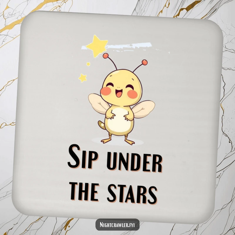 Funny coaster showcasing a cheerful cricket chirping under a starry sky, adding whimsical protection.