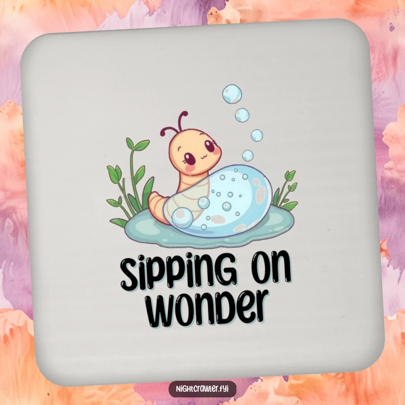 Funny drink coaster with a curious earthworm exploring a dewdrop, providing surface protection with a whimsical and humorous design.