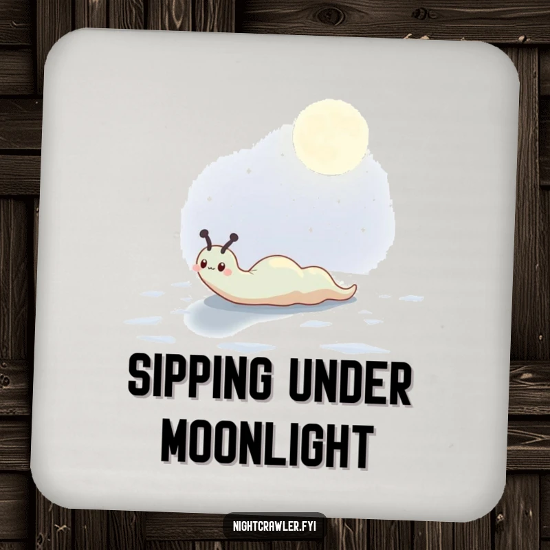 Funny drink coaster featuring a cute slug character leaving a shimmering trail across a moonlit surface, adding magical charm.