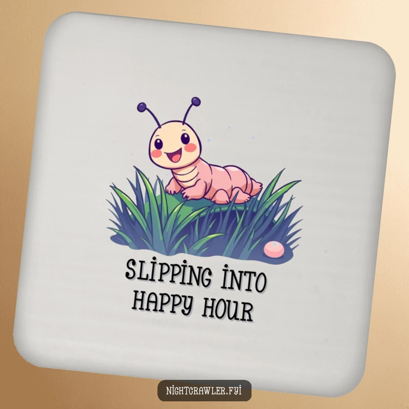 Funny drink coaster featuring a joyful night crawler character sliding down a dewy blade of grass, adding playful charm.