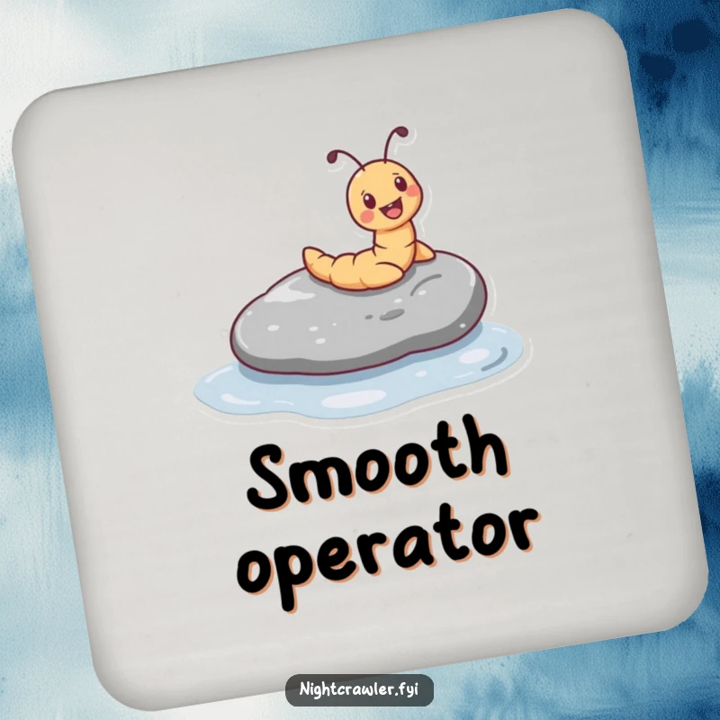 Funny drink coaster featuring a tiny worm character joyfully sliding down a smooth, wet pebble, a protective and cheerful accent.