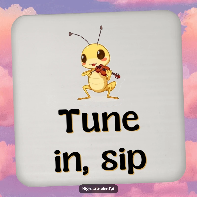 Funny cricket drink coasters featuring a character playing a miniature violin with gusto, adding a musical touch to any table.