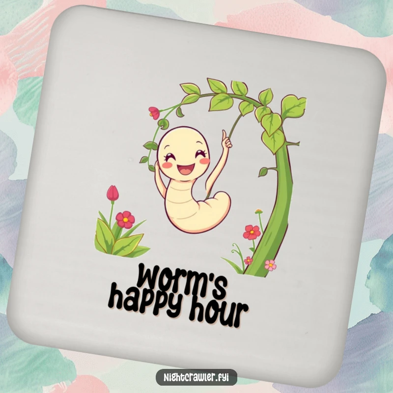 Funny drink coaster featuring a cheerful worm character happily swinging on a vine, adding garden whimsy to any surface.