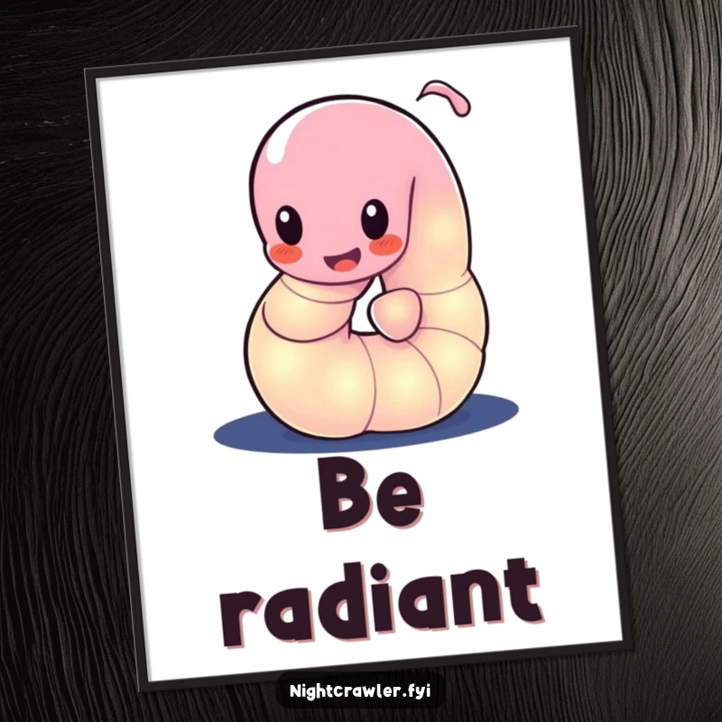 Funny poster of a glowing worm character playfully wiggling its body in the dark, creating a magical bioluminescent effect.