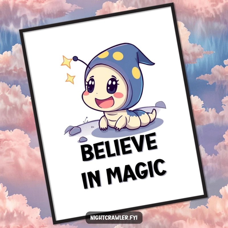 Funny poster depicting a night crawler character with exaggerated surprise and delight witnessing a brilliant shooting star streak across the sky.