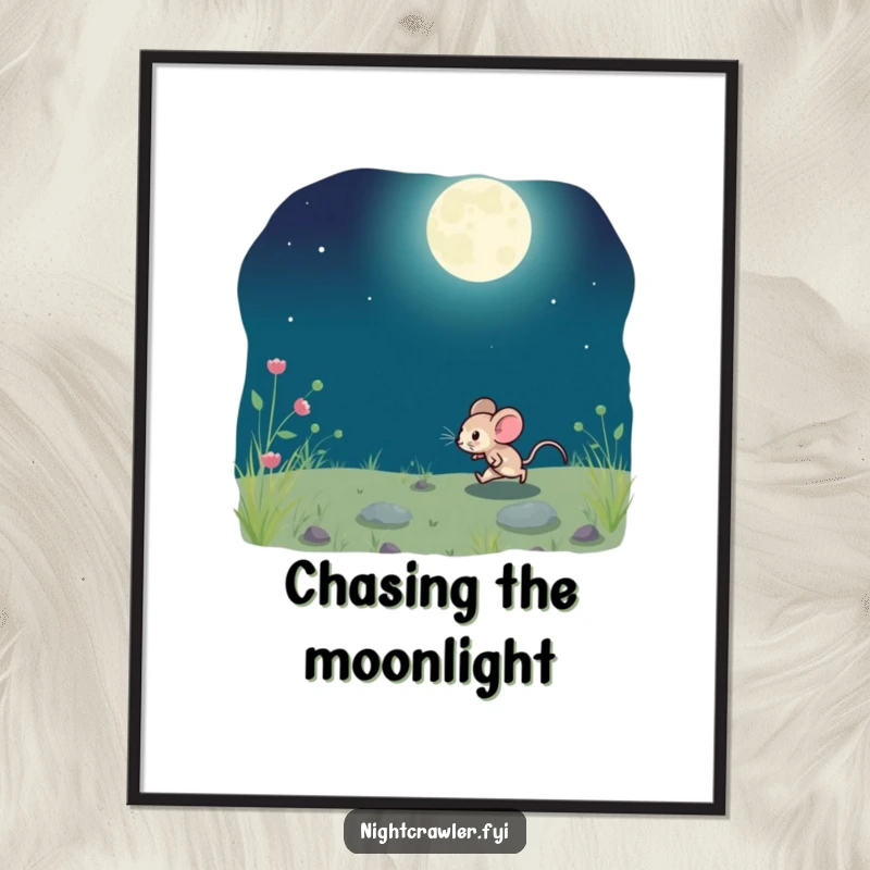 Funny poster artwork of a small, playful mouse scurrying across moonlit ground, capturing the wonder of the night.