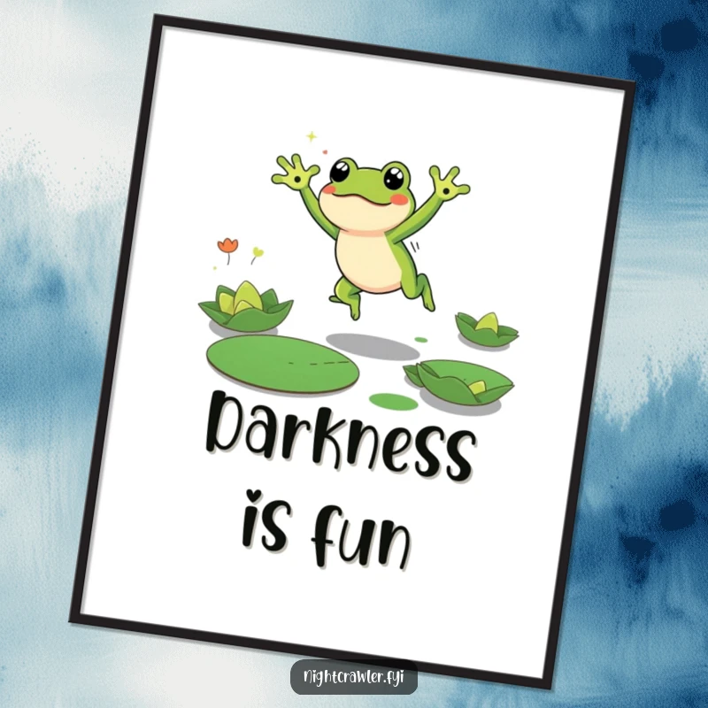 Funny Frog Poster depicting a cute frog character energetically leaping between lily pads in the dark, a humorous and dynamic wall art piece.