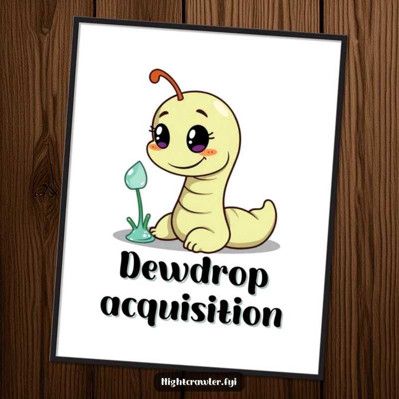 Funny poster showcasing a wiggly worm with a mischievous smile, reaching for a glistening dewdrop, embodying charming thievery.