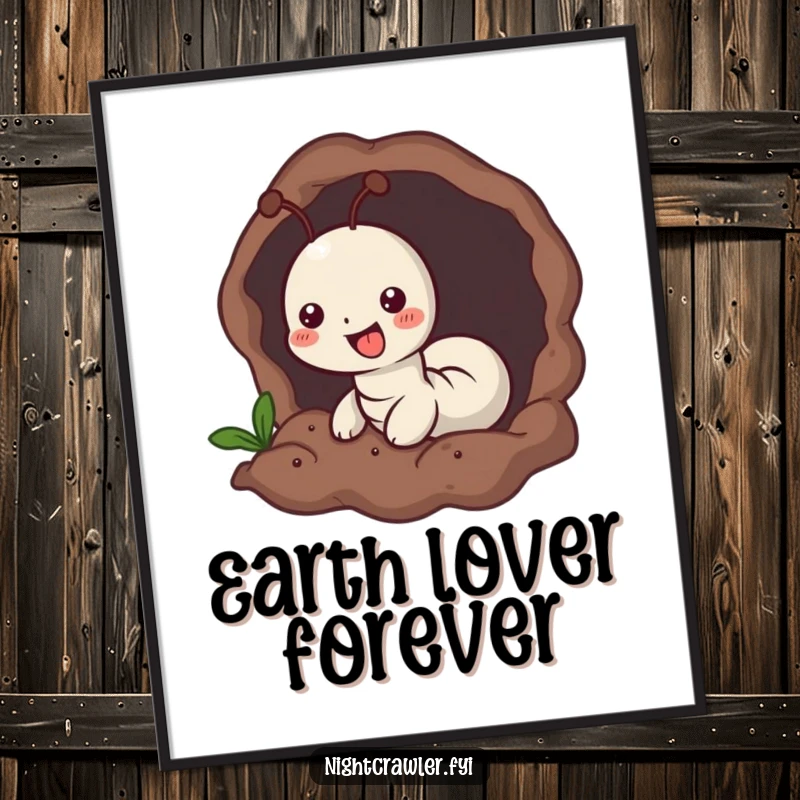 Funny poster art of a small worm character joyfully burrowing into soft, dark earth, adding a sense of calm to any room.