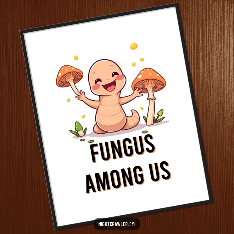 Funny poster illustrating a cheerful earthworm enthusiastically juggling luminous mushrooms, creating a whimsical and humorous focal point for decor.