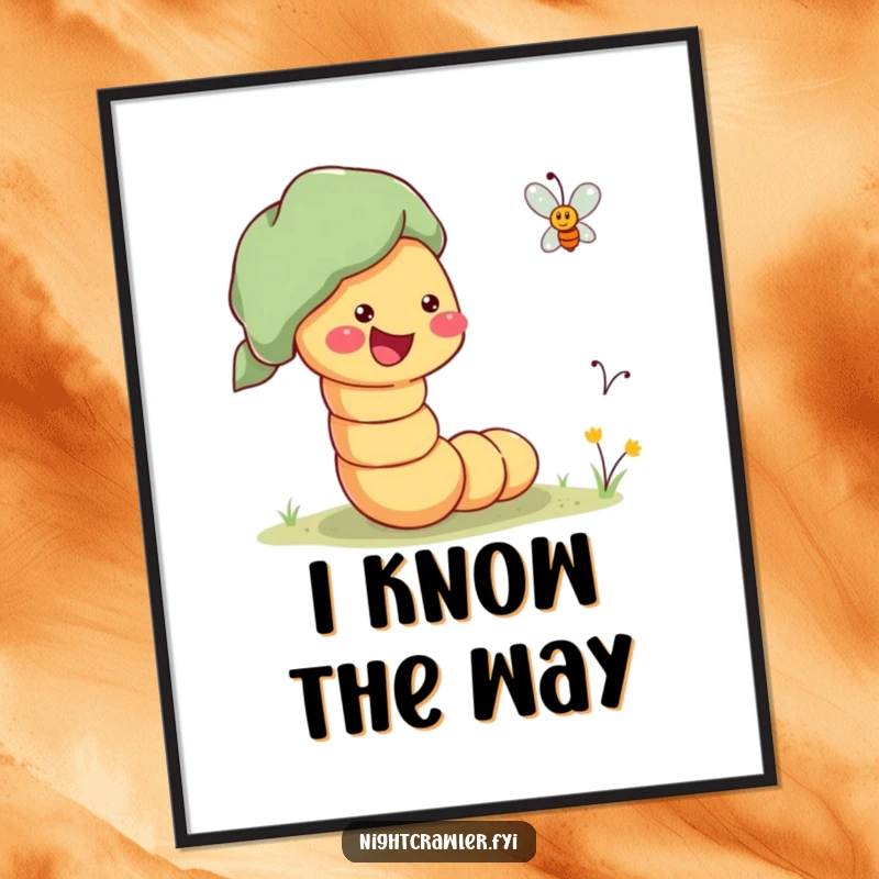 Funny Poster depicting a cheerful worm enthusiastically guiding a lost firefly towards home, creating a scene of hope and connection.