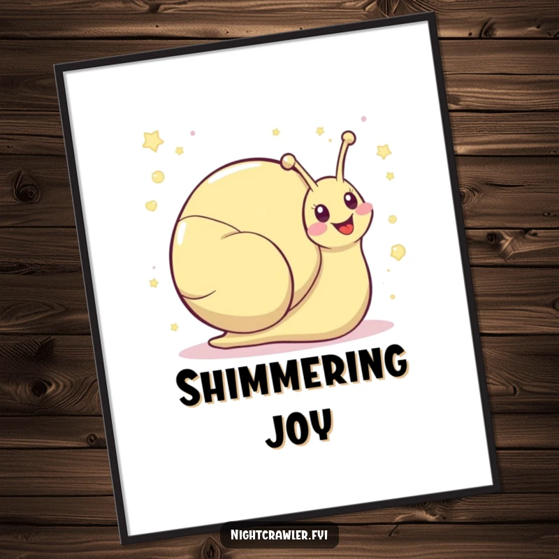 Funny kawaii snail poster depicting a cute snail leaving a shimmering trail of giggles, adding a touch of whimsy.