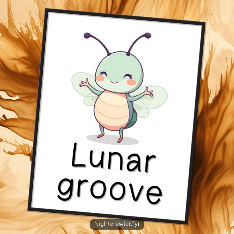 Funny poster print of a cute insect character dancing joyfully in a moonbeam with a happy twitch, whimsical wall decor.