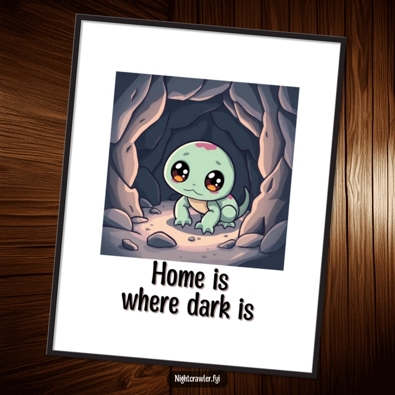 Funny poster featuring a bright-eyed night crawler character exploring a miniature cave, adding a humorous touch to any wall decor.