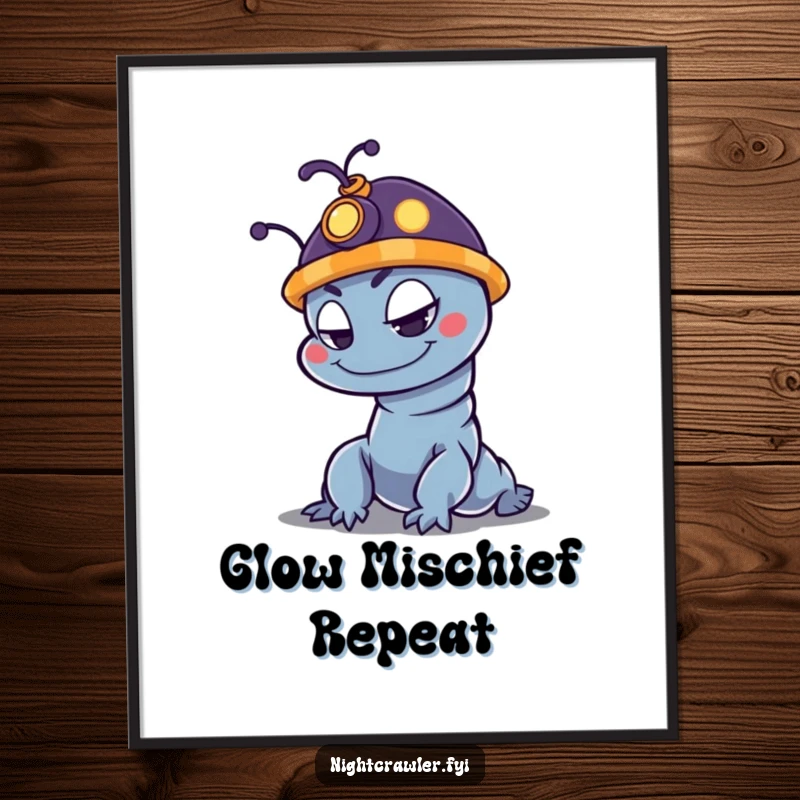 Funny night crawler poster print featuring a mischievous character with a small glowing hat, perfect for playful decor.