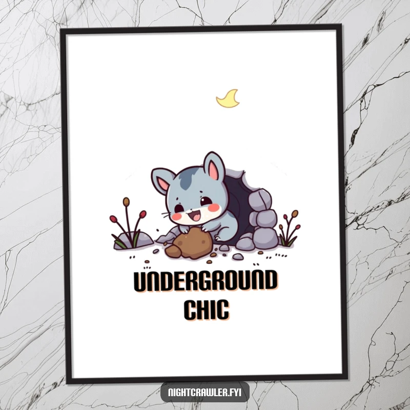 Funny poster depicting a small, gleeful night creature digging a tunnel with uncontainable excitement, adding a humorous touch to decor.
