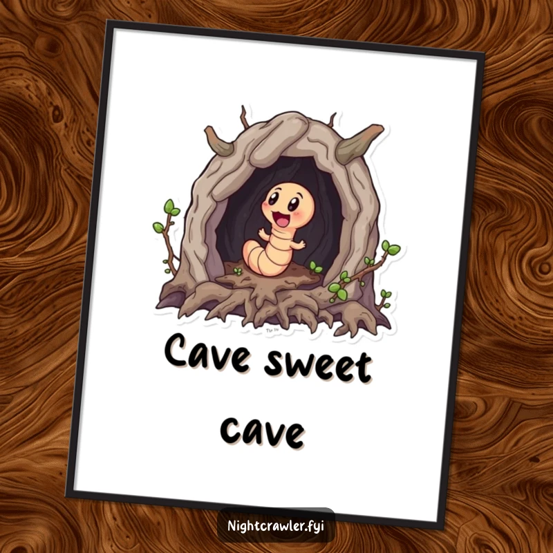 Funny poster art of a little worm character excitedly exploring a miniature cave made of roots, a charming piece for any wall.
