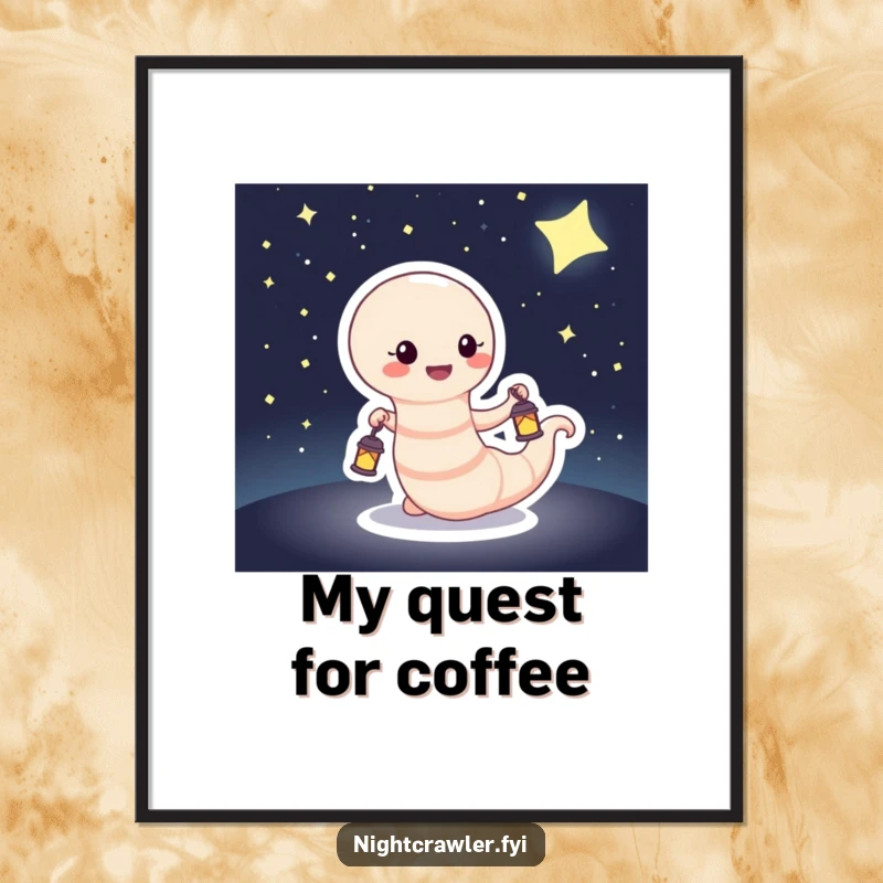 Funny Poster displaying a happy worm with a small lantern against a dark, star-studded sky, evoking peace and adventure.
