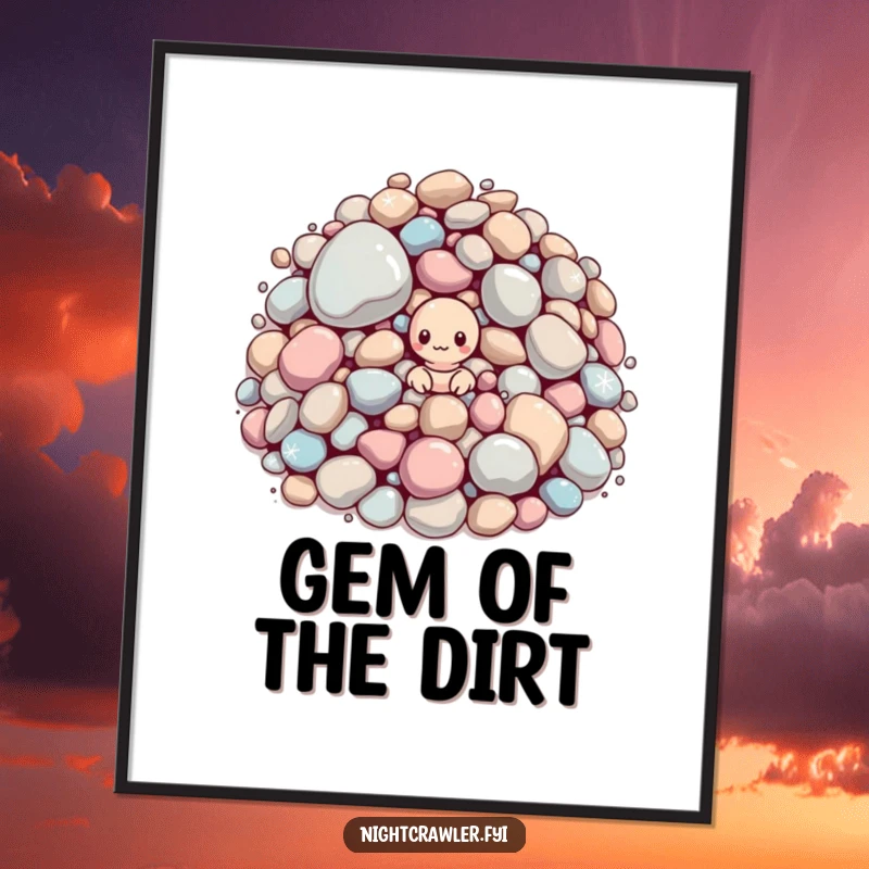Funny poster: tiny worm peering from a heap of large, sparkling pebbles. Quirky and humorous decor.