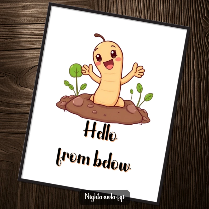 Funny poster: cute earthworm popping out of the ground and waving. Cheerful and humorous wall art.