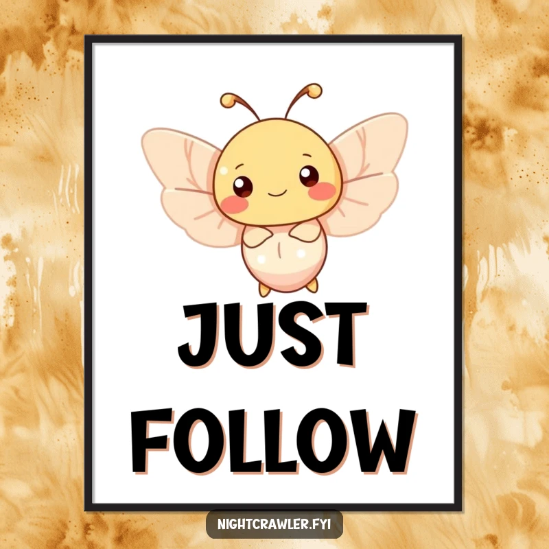 Funny moth poster depicting a happy character fluttering gracefully around a soft, inviting light source, creating a peaceful ambiance.