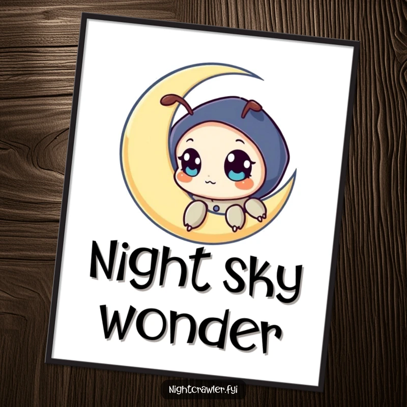 Funny poster illustration of a night crawler character peeking from a crescent moon with big, curious eyes, celebrating the enchantment of night.