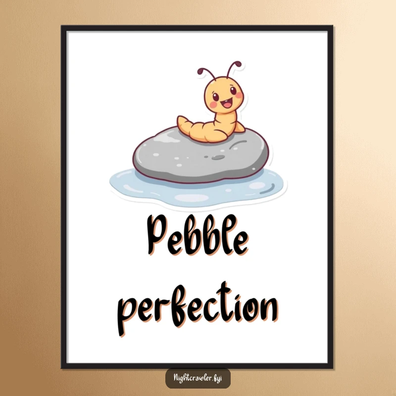 Funny poster art of a tiny worm character joyfully sliding down a smooth, wet pebble, bringing playful energy to any room.