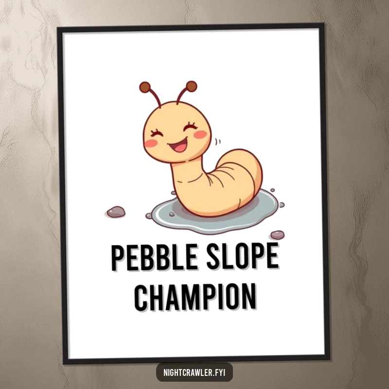 Funny poster featuring a delighted worm character gleefully sliding down a wet pebble, exuding joy and a playful spirit.