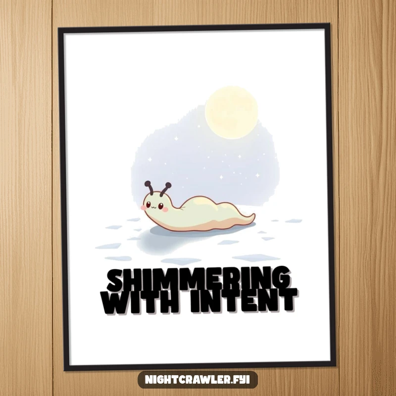 Funny poster art of a cute slug character creating a shimmering, ethereal trail on a surface illuminated by moonlight, evoking serenity.