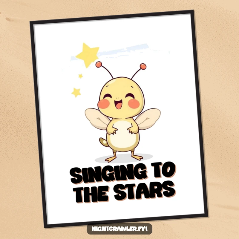 Funny poster artwork of a cheerful cricket chirping merrily under a sky full of stars, capturing summer's magic.