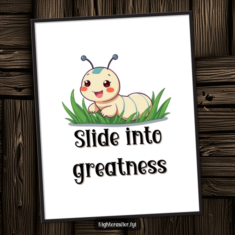 Funny poster portraying a cheerful night crawler sliding down a dewy blade of grass, bringing a sense of playful energy.