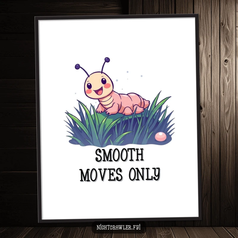 Funny poster art of a joyful night crawler character sliding with gusto down a dewy blade of grass, capturing pure fun.