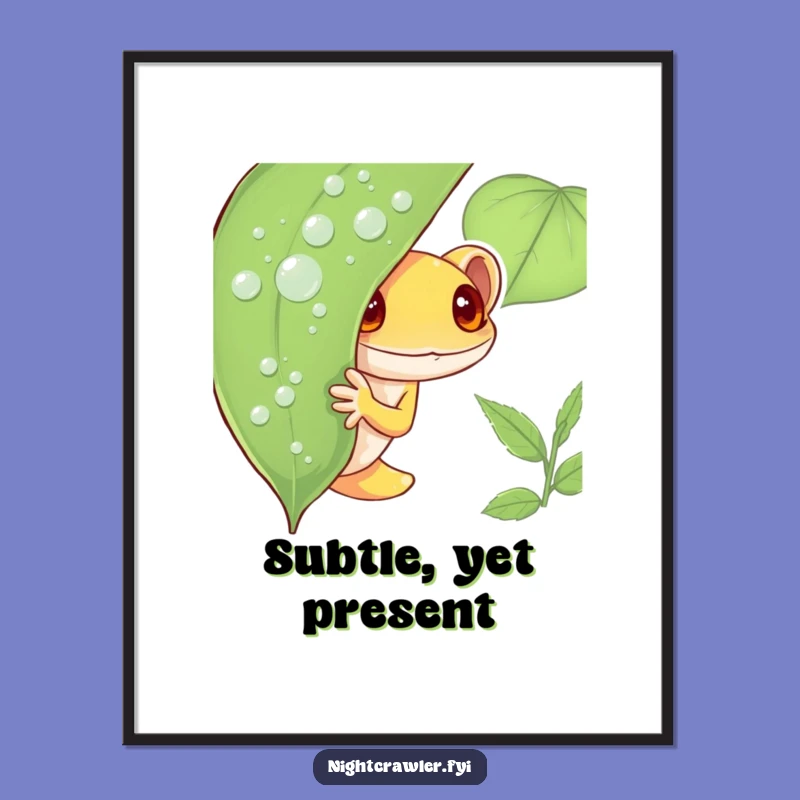 Funny Shy Gecko Poster: Artistic Peeking Character, Dewy Leaf Decor, Perfect Funny Gift
