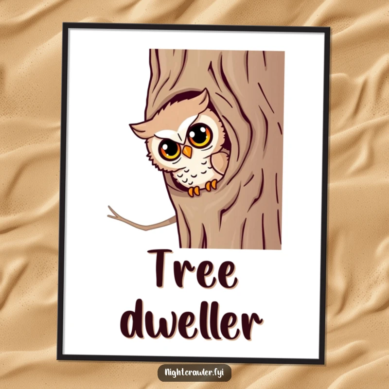 Funny Owl Curiosity Poster: A little owl character peeks from a tree hollow with bright eyes, a whimsical and funny artwork.