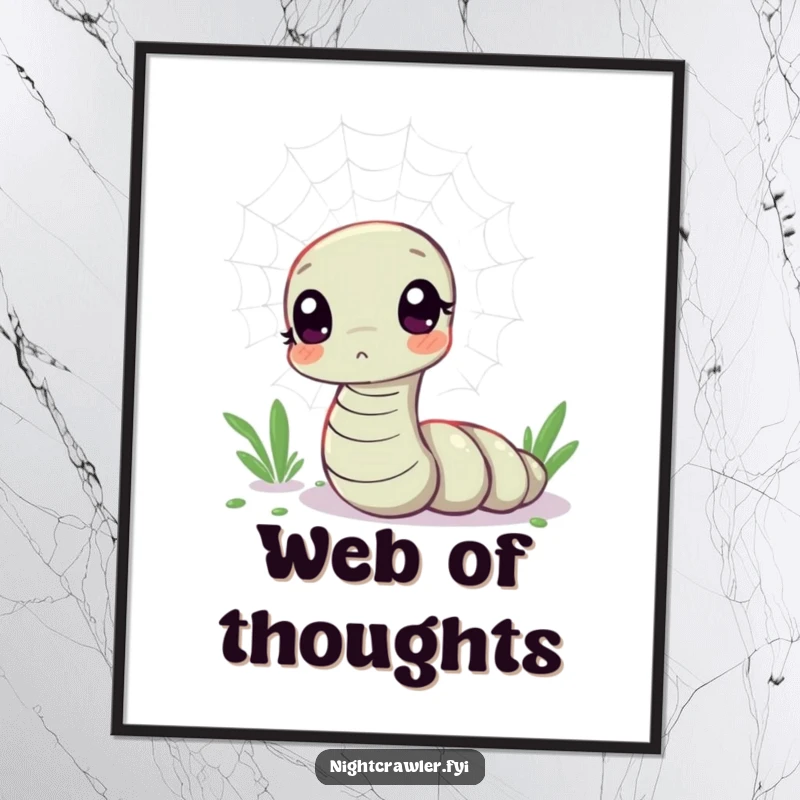 Funny poster art of a kawaii worm character looking curious at a shimmering spider web, adding whimsical charm to any wall.