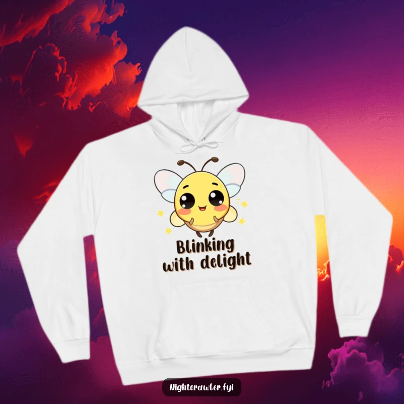 Funny hoodie graphic of a firefly character blinking its light in a surprising pattern, radiating playful energy.