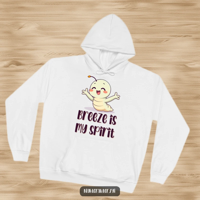 Funny hoodie featuring a happy night crawler with arms outstretched, enjoying the sensation of a gentle breeze, radiating contentment.