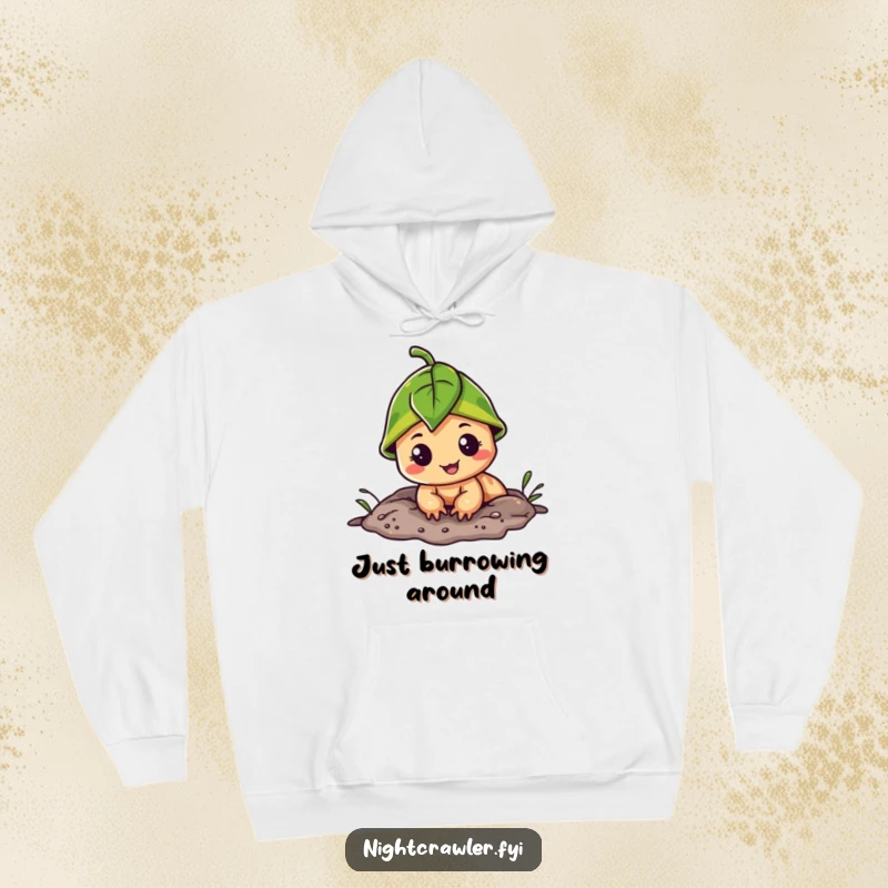 Funny hoodie showing a cheerful night crawler with a leaf cap peeking out of its burrow, its expression full of innocent charm.