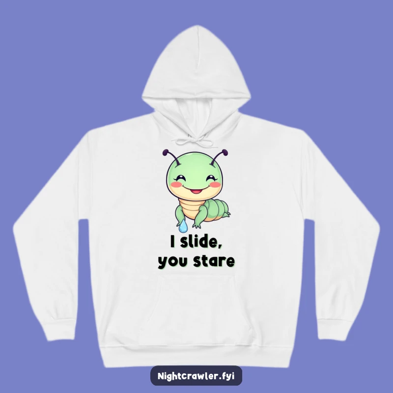 Cozy Funny Night Crawler Dewdrop Slide Hoodie: Cheerful Character Warmth and Humor
