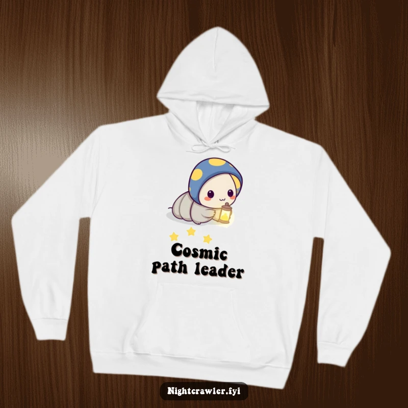 Funny hoodie with a night crawler character holding a tiny lantern and leading a path of glowing stars, perfect for dreamers.