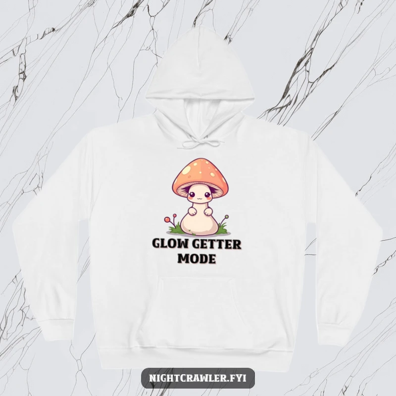 Funny worm hoodie depicting a shy worm peeking from a tiny, glowing mushroom cap, cozy and endearing apparel.