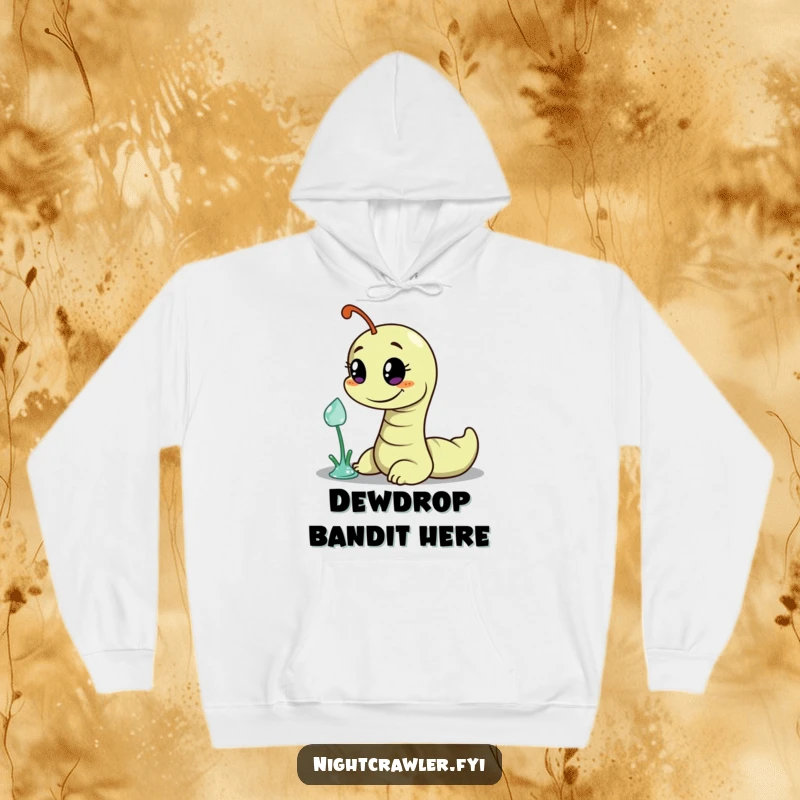 Funny hoodie with a wiggly worm character sporting a mischievous smile, subtly attempting to steal a dewdrop, embodying playful cunning.